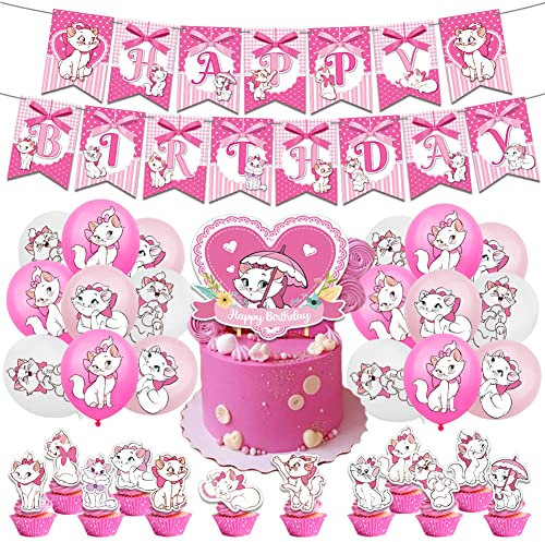 Cat Geburtstags Dekorationen,30 Stück Katzen Geburtstag Deko Aristocats Party Deko mit Geburtstag Banner,Katzen Luftballons,Cupcake Toppers für Kinder Katzen Thema Babyparty Geburtstagsfeier