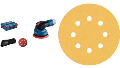 Bosch Professional GEX 12V-125, Bleu, Solo + Bosch Professional 50x Feuilles abrasives Expert C470 à 8 trous (pour Bois dur, Peinture sur bois, Ø 125 mm, Grain 120, Accessoires Ponceuse excentrique)