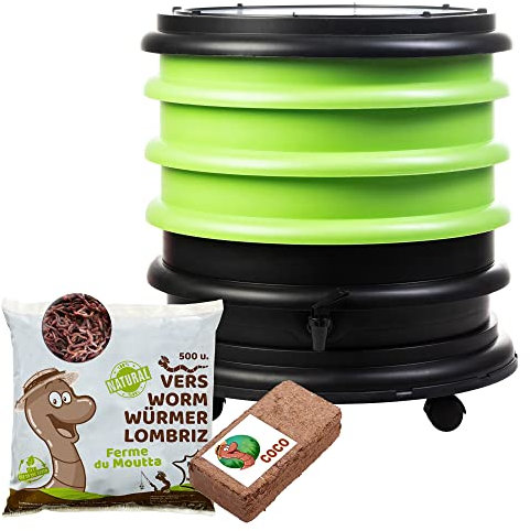 WormBox | Vermicompostaggio 3 Vassoi Verde + 250g di Vermi Lombrichi / 500 pz. + 1 Cocco | 48 Litri | Compost di Rifiuti Organici Compostiera Vermifuga Lombricompostiera | Lombrichi = Humus lombrico