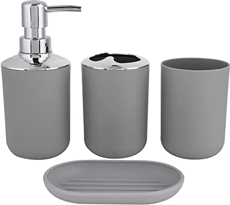 Hosoncovy 4 Pieces Bathroom Accessory Set with Soap Dispenser, Bathroom Cup, Soap Dish ，Toothbrush and Toothpaste Holder (Grey)