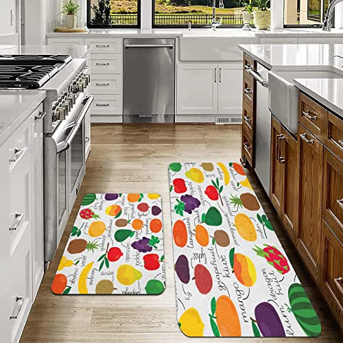 Küchenläufer 2 Stück, küchenteppich waschbar rutschfest,Obst und Gemüse Zitrone Mandarine Weintraube Limette Grapefruit Ana,Teppich küche Gummirücken Küchenmatte für Esszimmer, Küche(40x60cm+40x120cm)