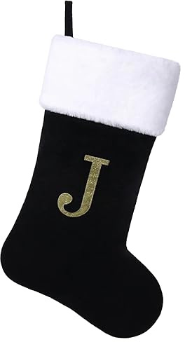 Yehnois Monogramm-Weihnachtsstrumpf mit Initiale, 50,8 cm, personalisierbar, luxuriöser schwarzer Samtkörper mit superweicher Plüschmanschette, bestickter Buchstabe, Weihnachtsdekoration, J