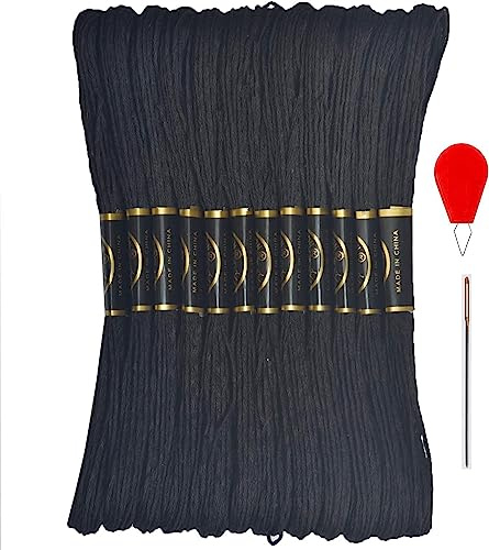 Embroidery Floss - Cross Stitch Threads - Friendship Bracelets Floss - Crafts Floss 12 Skeins Per Pack and Free Set of 2Embroidery Needles and 1Needle Threader（Black）