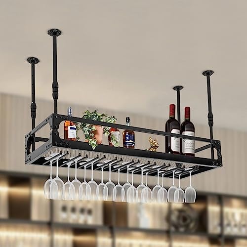 TIXBYGO Deckenregal Gläserhalter Deckenregal Hängend Bar Regal Wand, Retro Eisen Bar Dekoration, Decken Weinregal Höhenverstellbare Hängendes Regal für Küche nd Unterschrank, Schwarz