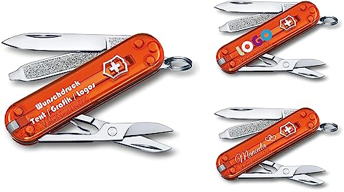 Victorinox Couteau de Poche Classique SD Avec Demande Impression Sur Coque I Cadeau pour Hommes Femmes I Cadeaux Pour Anniversaire I Suisse Personnalisé 7 Fonctions 0.6223 (orange translucide)