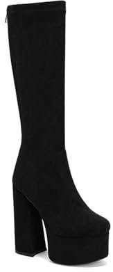 Stivali Alti al Ginocchio con Cerniera in Pelle Scamosciata Finta da Donna, Stivali GoGo con Plateau Tacco Alto Grosso 15 cm, Stivali Moda Autunno Inverno,Nero,38