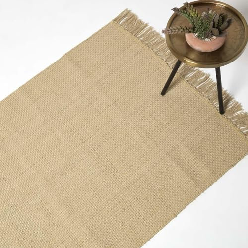 Homescapes Zaphyr Jute-Teppich Natur 90x150 cm, Flachgewebe-Teppich Naturfasern, Naturteppich mit Fransen