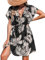 CUPSHE Damen Bikini Cover Up Strandkleid V Ausschnitt Kurzarm Blätter Print Seitenschlitz Sommer Beach Mini Dress Schwarz Floral XL