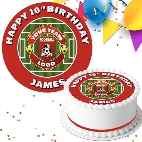 YOUR FOOTBALL TEAM LOGO/COLOUR BIRTHDAY PERSONALISED 7.5 INCH EDIBLE ICING CAKE TOPPER DECORATION FB067
