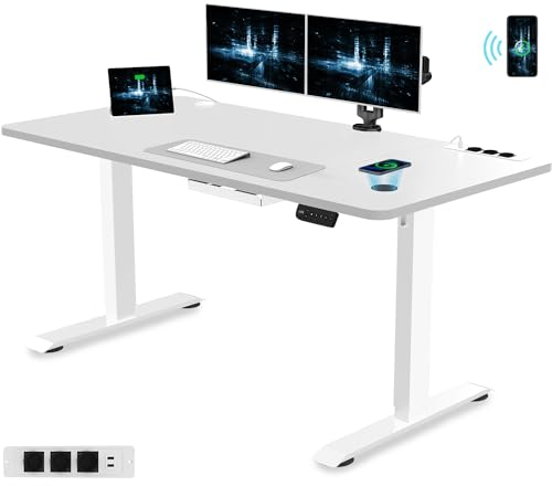 Devoko 160 x 80 Höhenverstellbarer Schreibtisch, Elektrisch Schreibtisch mit Euro-Steckdose und USB Induktions-Ladegerät, Elektrisch Computertisch mit Kabel Management Tray und Funktions-Memory, Weiß