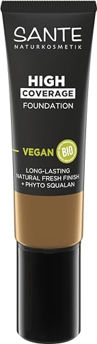 SANTE Naturkosmetik High Coverage Natural Foundation 08 Warm Chestnut, vegane Grundierung mit Bio-Peptiden, mit hoher Deckkraft und einem natürlichen Finish, pflegende und nachhaltige Formel, 25 ml