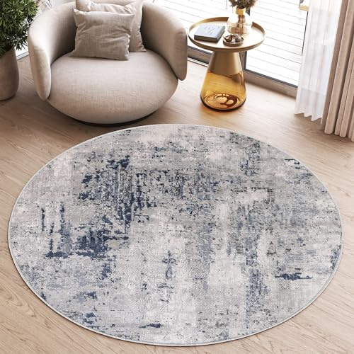 TAPISO Sky Rund Teppich Kurzflor Beige Blau Grau Hellgrau 120 x 120 cm | Modern Vintage Meliert Verwischt Design Wohnzimmer Schlafzimmer 3D Optik oeko-tex