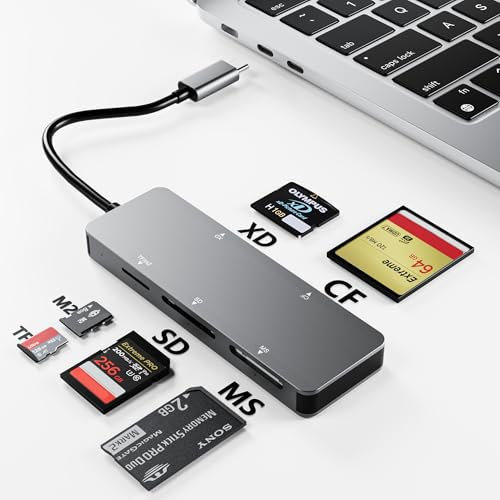 USB-C XD Bildkartenleser, 5Gbps 6-in-1 Hochgeschwindigkeits-Kartenleser für TF/SD/MS/M2/XD/CF, USB C Speicherkartenleser, kompatibel mit Olympus & Fujifilm XD Karten (1GB/2GB)