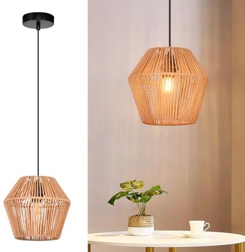 GBLY Hängelampe Vintage Rattan Pendelleuchte: Boho Esszimmerlampe 150 cm E27 Hängeleuchte Rustikal Esstischlampe Hängend Max.40W Korblampe für Wohnzimmer Schlafzimmer Küche ohne Leuchtmittel