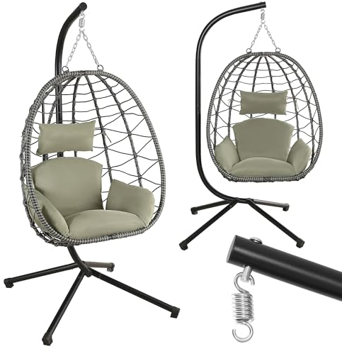 Makika Hängesessel mit Gestell höhenverstellbar Indoor & Outdoor inkl. Kissen - Korbhängesessel bis 150 kg Garten Schaukel aus Polyrattan faltbar ergonomisch - Wohnzimmer Balkon Terrasse in Grün/Grau