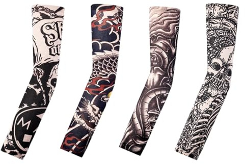 QEQSHQO 4 Set Tatuaggi Finti, Stretch-Nylon, Tatuaggi Finti Realistici per Uomo e Donna, Manicotti per Protezione Solare e Sport, Aria Fresca