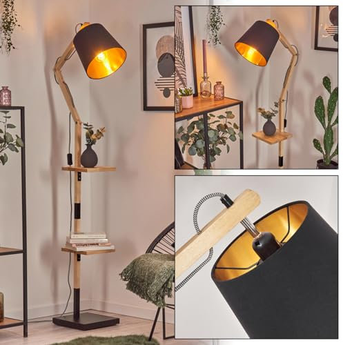 HOFSTEIN Tukchor Lampadaire réglable en bois/métal/tissu noir/naturel/noir/doré au design bohème avec étagères et interrupteur, 152,5 cm, E27, salon, chambre à coucher, salle à manger