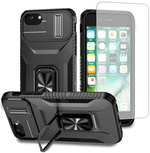 Vavies Case for iPhone SE 2022/SE 3 2022/SE 2020/iPhone 7/8/iPhone 6/6S Case with Tempered Glass Screen Protector and Slide Camera Cover, Magnetic Ring Car Holder Shockproof Cover for iPhone 8 Black