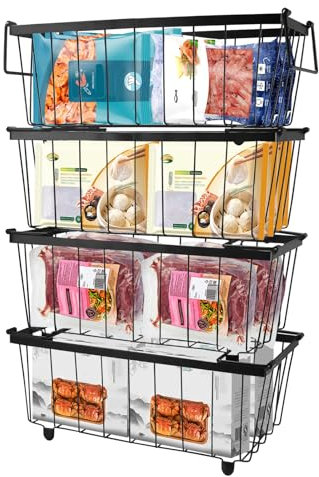 Yallmie Chest Freezer Organiser Bins, Stackable Chest Freezer Baskets with Foldable Handle Freezer Storage Baskets, Easy Get Food Sort Food Air Circulation for 5-7 In Chest Freezers (4-Black)