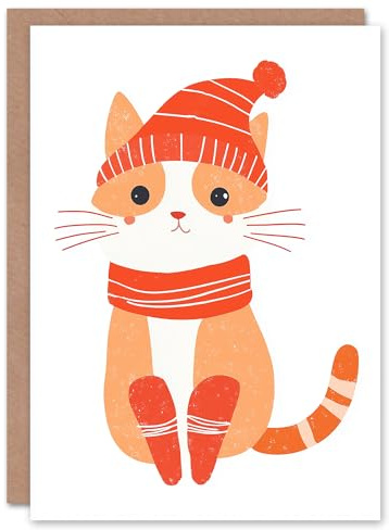 Wee Blue Coo Greeting Card Cute Kitten Winter Hat Modern Orange Cat Lover Blank For Him Or Her Art Xmas Christmas Card