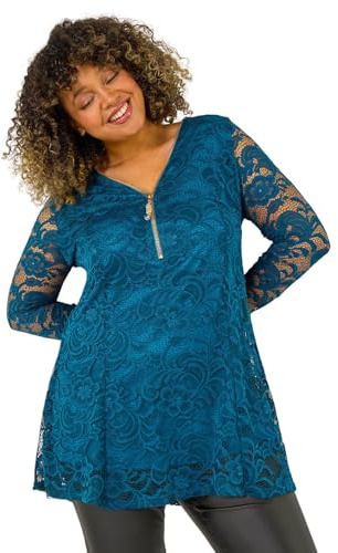 Roman Curve Zip Front Lace Stretch Top for Women UK - Ladies Everyday Autumn Winter V-Neckline Comfy Soft Evening Vacation Work Party Night Out