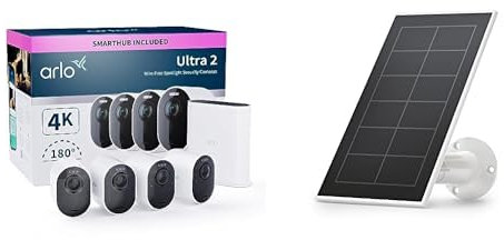 Arlo Ultra 2 4K Security Camera Outdoor Wireless with Solar Panels, 4K UHD Wireless CCTV, Battery Operated, Colour Night Vision, Spotlight, 2-Way Audio, Free Trial of Arlo Secure, 4 Cameras, White