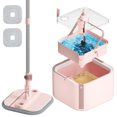 Spin Mop and Bucket System Set, Self Separate Clean and Dirty Water, Foldable Square Mop Bucket Head with Washable Replaceable Mop Pad (Pink, Mop Set with 2PC Pads)