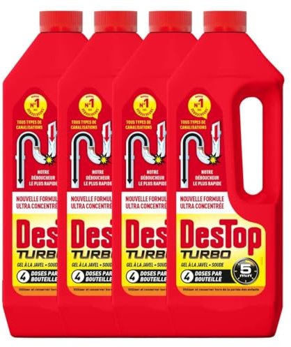 DESTOP Gel désinfectant et déboucheur canalisation Turbo 5 min - 4 doses - Lot de 4 x 1L