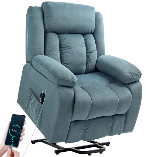 HOMCOM Sillón Relax Reclinable Eléctrico Levanta Personas Puerto USB Azul | Sillón Elevador, Control Remoto, Asiento Ancho, Reposapiés, Tapizado en Terciopelo, Bolsillos Laterales