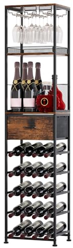 TQVAI Casier à Bouteilles pour 40 Bouteilles 7 Niveaux Étagère à Vin avec Tiroir de Rangement Bois Meuble Rangement Bouteille Alcool pour Maison, Bars Salon, Restaurant, Cuisine, Noir/Antique