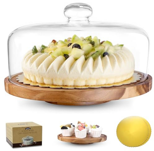 Rotating Acacia Wood Cake Stand with Acrylic Dome Lid - Wood Rotating Wooden Display Turntable for Cakes, Pastries, Cheese - Perfect for Birthdays, Weddings, Cafés & Parties (Non-Slip & Rotatable)