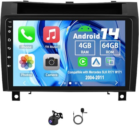 Slakerbe Android 14 Autoradio 2 Din mit Carplay Android Auto kompatibel mit Mercedes SLK R171 W171 2004-2011, 4G+64G 9 Zoll Auto Radio Stereo mit Bluetooth Navi WiFi FM RDS Rückfahrkamera Mic