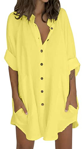 Longline Tops for Women UK Summer Long Sleeve Button Down Shirts Ladies Long Top Plain Loose Casual Blouses T-Shirt Beach Holiday Tees Oversized My Orders UK 2025 Yellow