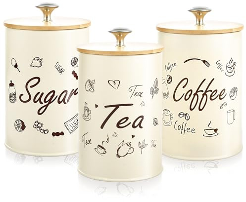 YOUNTHYE Set of 3 Tea Coffee Sugar Canisters, 710ml Metal Storage Jars with Airtight Wooden Lids, Vintage Storage Containers Canister Jars for Kitchen Counter Storage