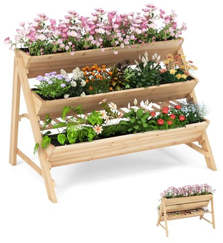 COSTWAY Letto Rialzato da Giardino a 3 Livelli, Fioriera Verticale in Legno con Ripiano, 2 Ganci e 3 Fodere per Letti, Aiuola Rialzata per Patio, Balcone, Naturale