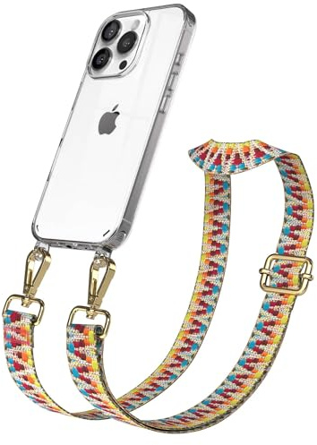 EAZY CASE Handykette - Verstellbares Taschenband kompatibel mit iPhone 16 Pro, Schulterriemen, Handykordel mit Silikon Hülle, Umhängetasche, Regenbogen Gold