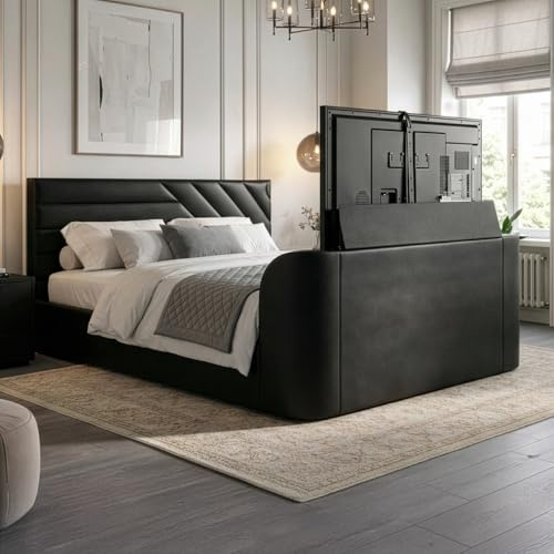 happybeds Ottoman TV Bed, Chicago Black Leather Ottoman Storage TV Bed (Black, 6FT Super King Size - Frame Only)