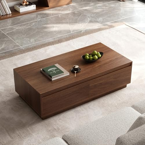 Homary Couchtisch Wohnzimmertisch aus Nussbaum 120 cm Mid-Century Rechteckiger, 4 Ausziehbare Schubladen, Großzügige Tischplatte, Wohnzimmer Möbel Coffee Table (Walnuss)