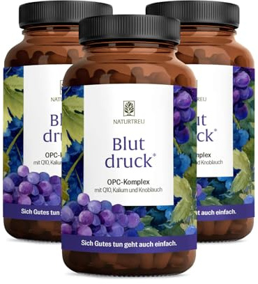 NATURTREU® Blutdruck - OPC Traubenkernextrakt hochdosiert 900mg Extrakt | mit Q10, Kalium & schwarzem Knoblauch - Französische Trauben vegan - 270 Traubenkernextrakt OPC Kapseln hochdosiert
