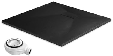EMKE Duschwanne mit Siphon 90x90 cm Rutschfeste Duschtasse SMC Flachduschwanne Höhe 2.6 cm Duschwannen mit Zuschneidbar Abdeckung und 90mm Ablaufgarnitur Schwarz