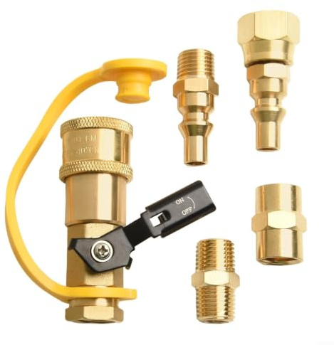 Evenoonest RV Quick Connect Adapter, 5-teiliges Messing Propan Schlaucharmatur-Kit mit Absperrventil für Niederdruck Gasgrill, Heizung, Anhänger