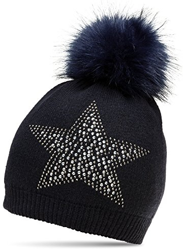Caspar MU159 Damen Fein Strick Winter Mütze mit Kunstfell Bommel und Glitzer Strass Stern, Farbe:dunkelblau, Größe:One Size