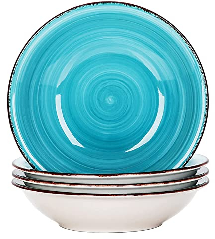 vancasso Serie Bella Platos de Sopa 4 Piezas 700ML Juego de Platos Hondos de Gres, Vajillas Esmaltada Retro, Azul