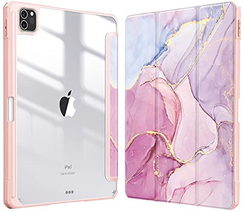 FINTIE Hybrid Hülle für iPad Pro 11 2022/2021 (3./4. Generation) mit Stifthalter - Stoßfeste Schutzhülle mit transparenter Hartschale auf der Rückseite für iPad Pro 11 2020/2018, Rosa Marmor