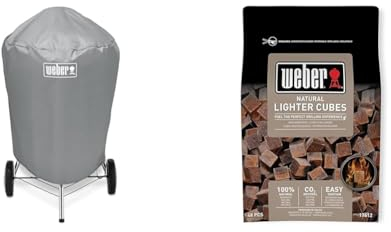 Weber 7176 Grill-Abdeckhaube für Holzkohlegrills mit einem Durchmesser von 57 cm, Grau, 15.9 x 22.7 x 3.8 cm & 17612 Anzündwürfel braun, ohne Zusatzstoffe, 48 Stück (1er Pack), 38x17x5 cm