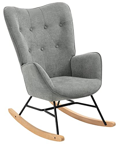 MEUBLE COSY Schaukelstuhl Sessel Schaukelsessel Stillstuhl Schwingstuhl mit Armlehnen Gepolsterter Sitzfläche für Wohnzimmer Schlafzimmer, Balkon, Stoff und Holzkufen, Bis 120 kg Belastbar, Grau