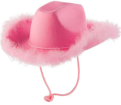 Cowboyhut Damen mit Federn Dekoration Pink Cowboy Hut Erwachsene Rosa Pelzbesatz Breite Cowgirl Hut Fasching Westernhut Partyhüte für Party Halloween Karneval Kostüm Kostümzubehör