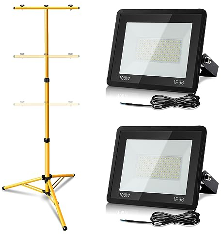 Cecaylie LED Baustrahler mit Stativ, 2x 100W Arbeitsleuchte 8500LM 3000K Warmweiß LED Fluter Floodlight inkl. 1M Kabel, IP66 Wasserdicht Flutlichtstrahler Scheinwerfer Bauscheinwerfer, kein Stecker