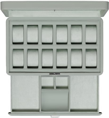 ROTHWELL Luxus Uhrenbox für 12 Uhren - PU Leder Uhrenbox mit Echtglasdeckel - Ausziehbare Zubehörschublade mit mehreren Fächern (Seafoam)