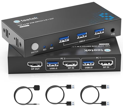 8K Displayport KVM Switch 2 PC 1 Monitore, Dual Computer 8K@60Hz KVM Switch Abwärtskompatibel mit 4K@144Hz usw mit 3 USB 3.0 Ports für 2 PC teilen Maus-Tastatur, mit Tastatur-Fernbedienung und Kabel